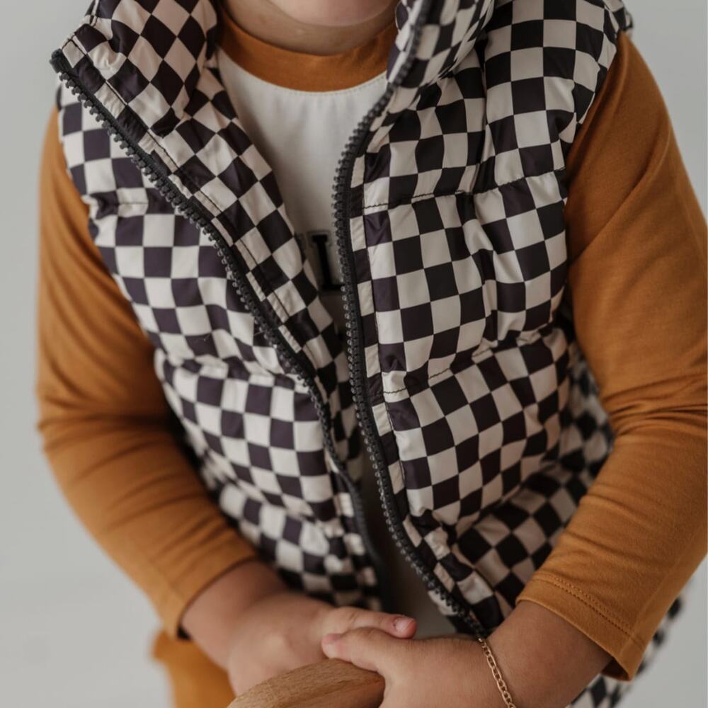 babysprouts Puffer Vest Brown Cream Checkerboard Size 6-12 Months